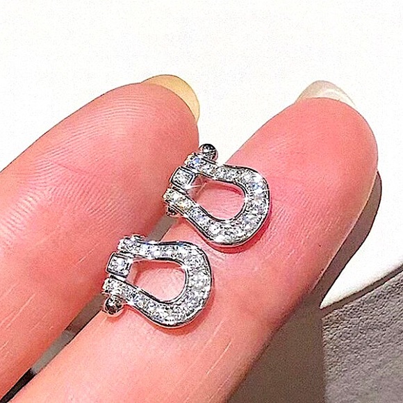 Sterling Silver Zircon Horseshoe Earrings, Stud, Horse bit, Snaffle, D Ring - Picture 2 of 4